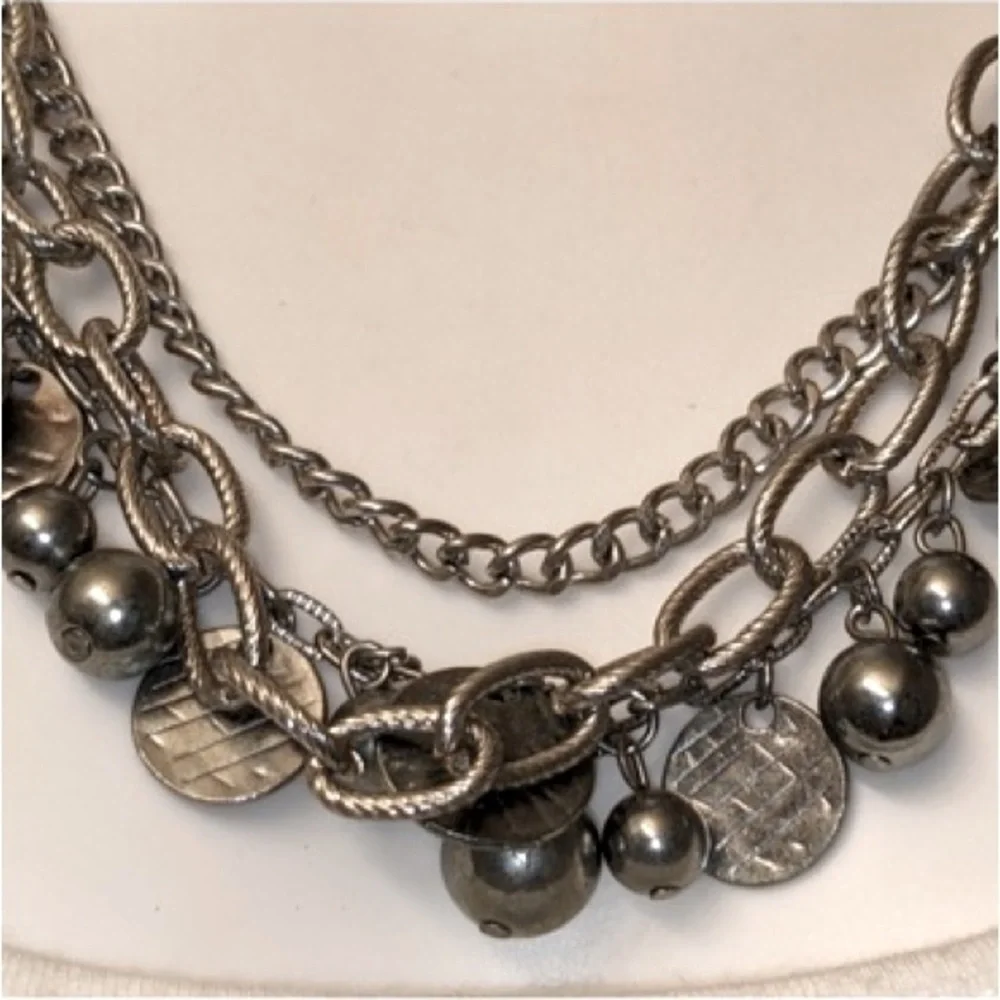 Silver Rocker Rebel Edgy Layered Bead Discs Coins Textured Chain Necklace